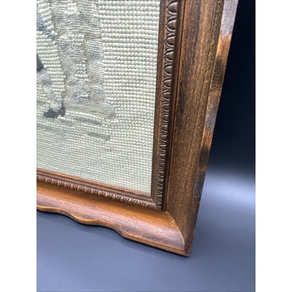 Vintage Victorian Male Courting Scene Needlepoint Neutral Scallop Wood Frame Art - Picture 5 of 10